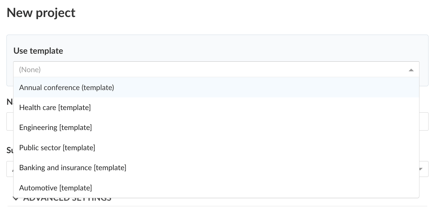 menú desplegable para plantillas con diferentes plantillas que se muestran