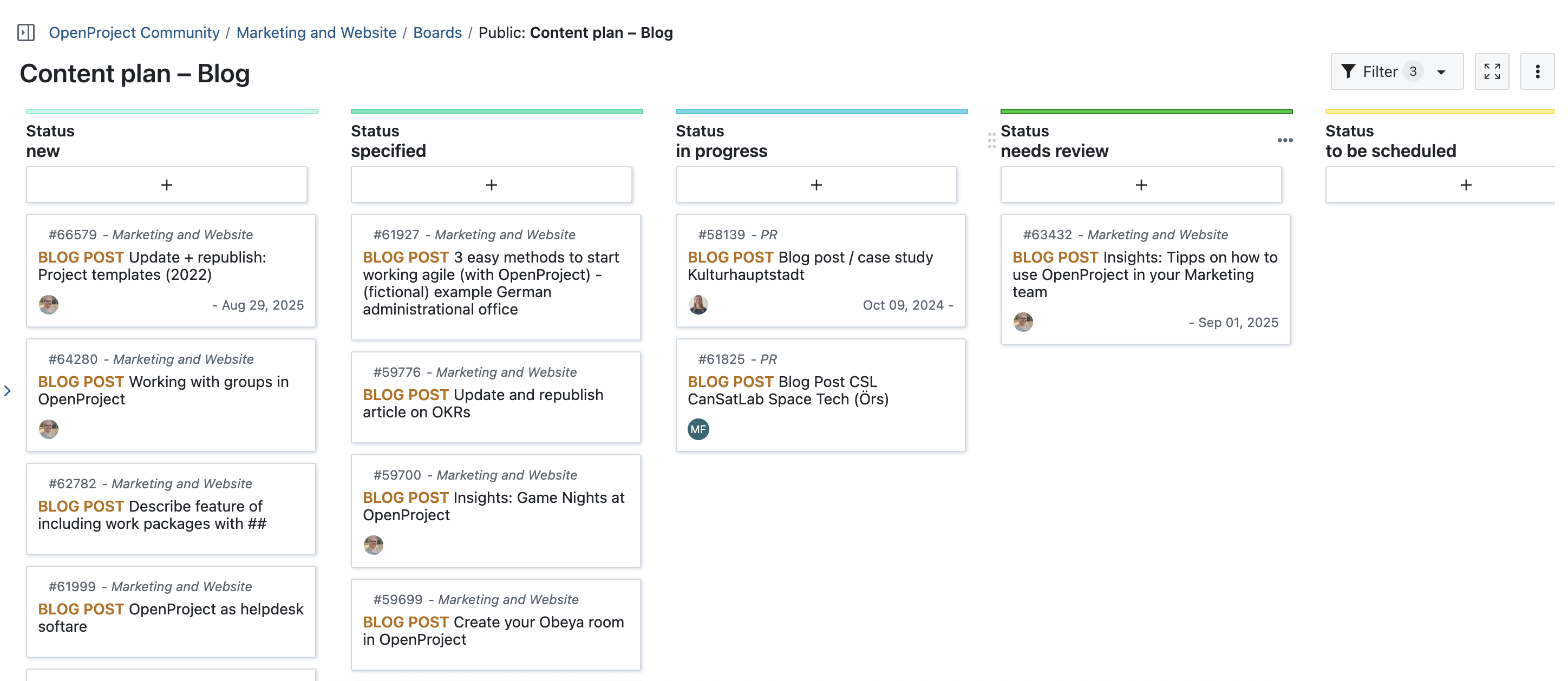 Screenshot showing open work packages of type blog post in a board view