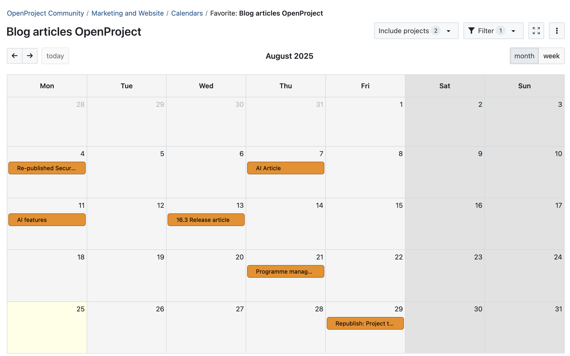 Screenshot of a calendar view in OpenProject for August 2025, showing 1-2 blog article entries each week.