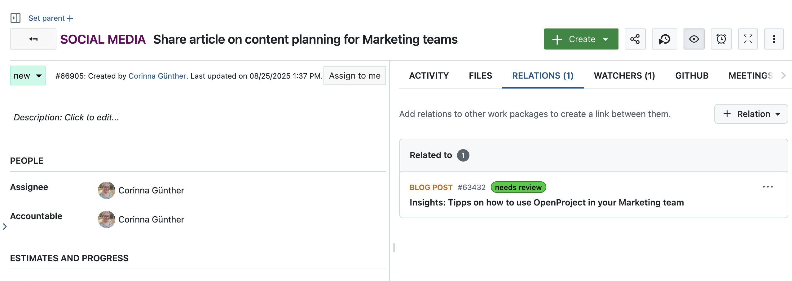 Screenshot showing the work package for this blog article and the relation to the social post