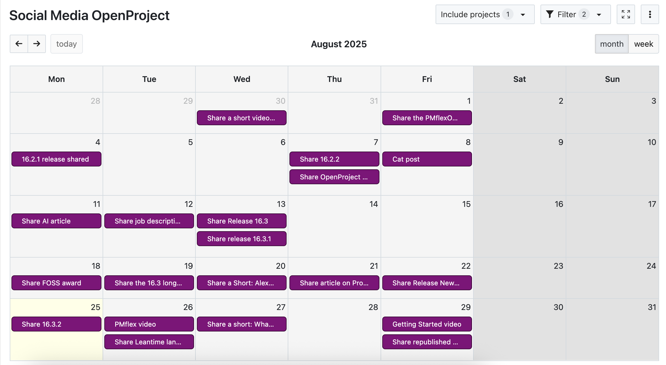 Screenshot of a calendar in OpenProject showing social media posts