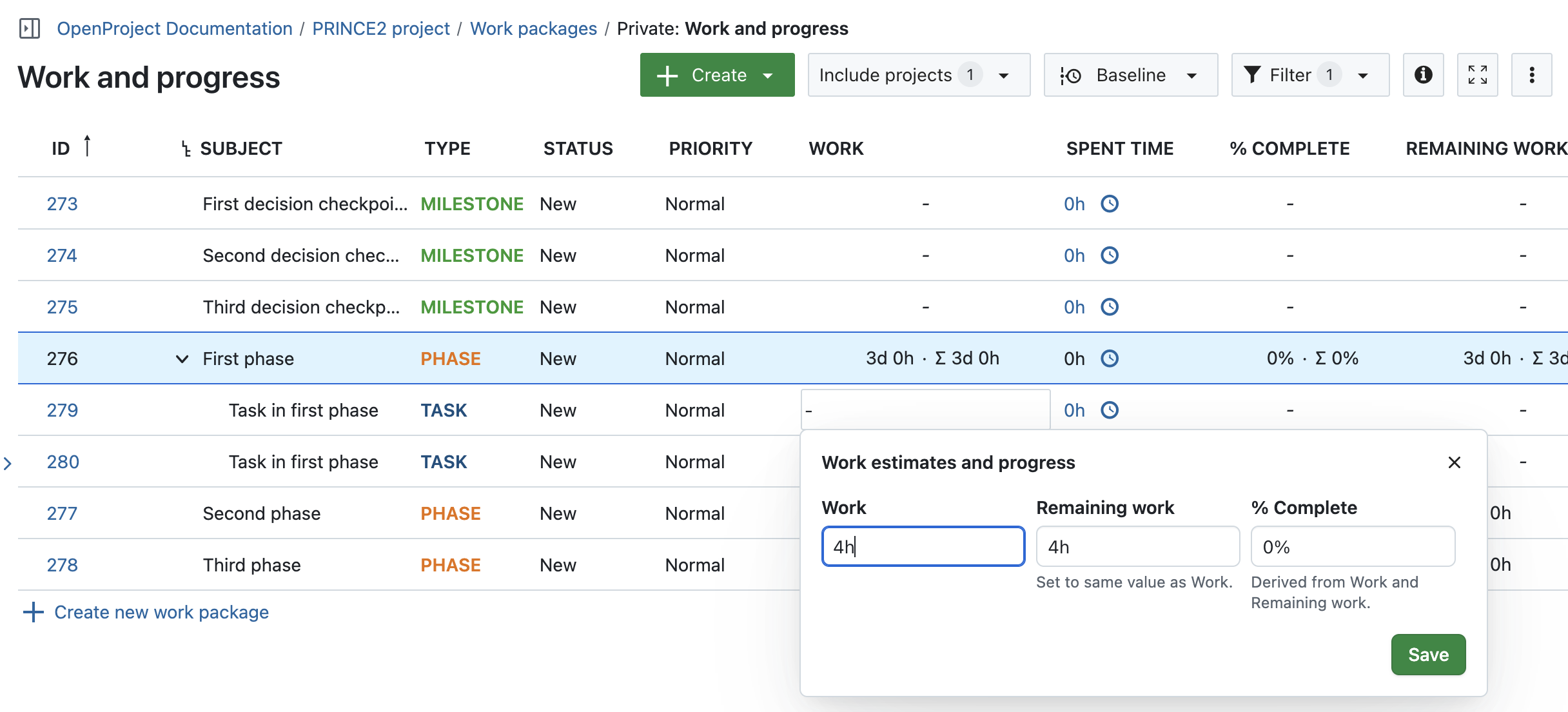 Follow the PRINCE2 process with OpenProject: Control a stage by estimating work