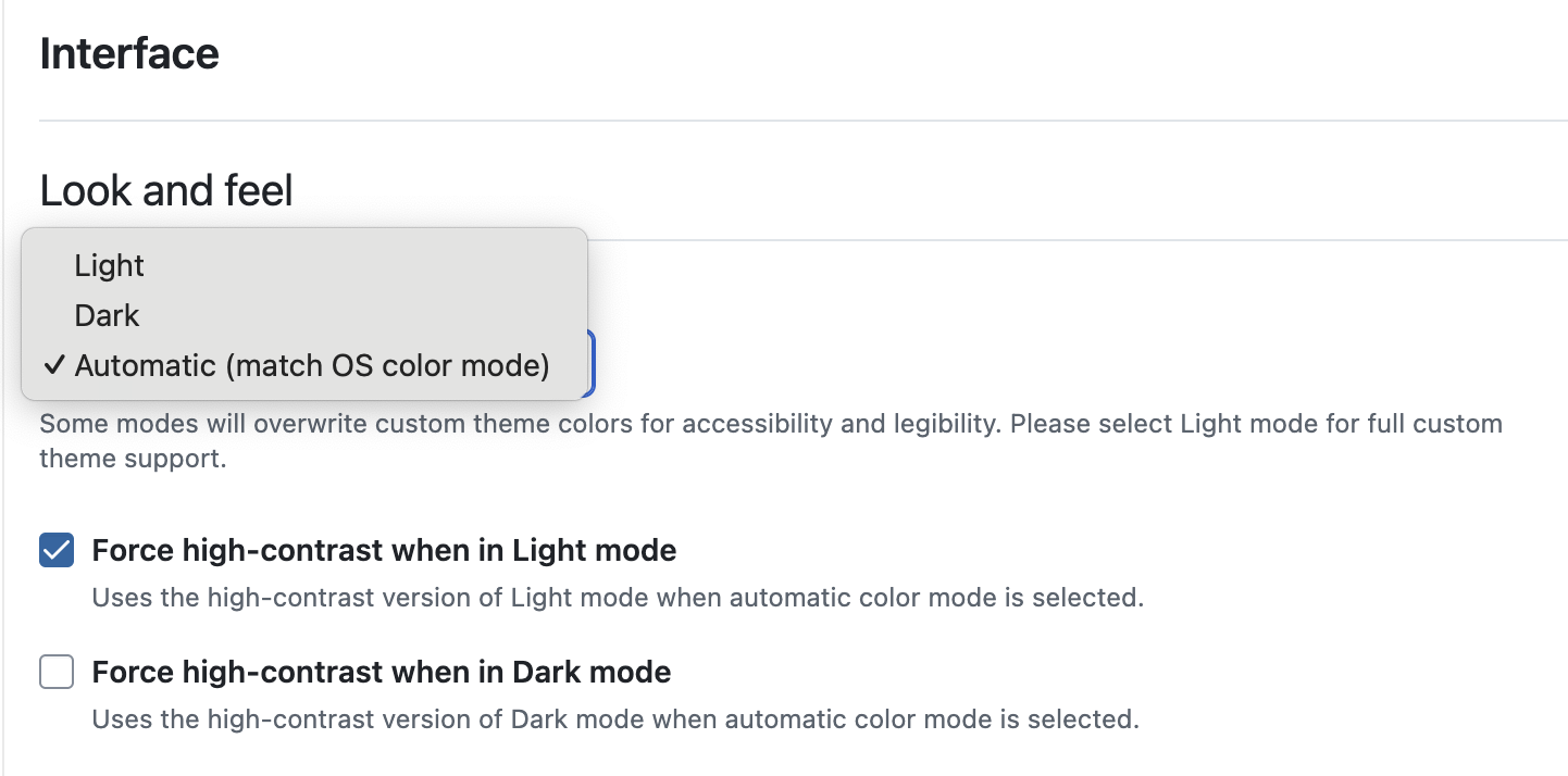 OpenProject account settings / Interface: Look and feel options reduced to “Dark”, “Light” and “Automatic”. Automatic is selected and below two checkboxes are displayed:” Force high contrast when in Light mode” and “Force high-contrast when in Dark mode”.