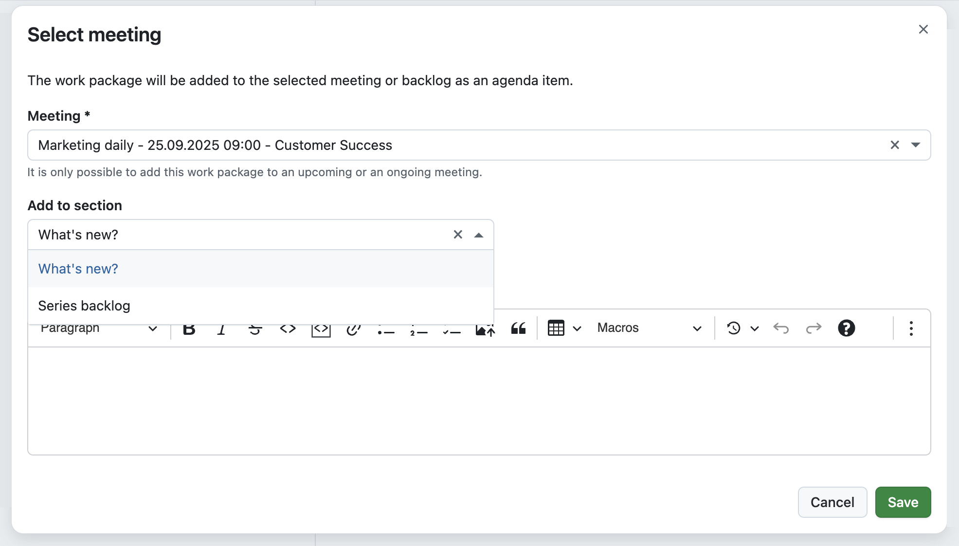 OpenProject work package, Meetings tab: Modal to “Select a meeting” with the Meeting selected being a Marketing daily and a “Add to section” dropdown with two sections to choose from.