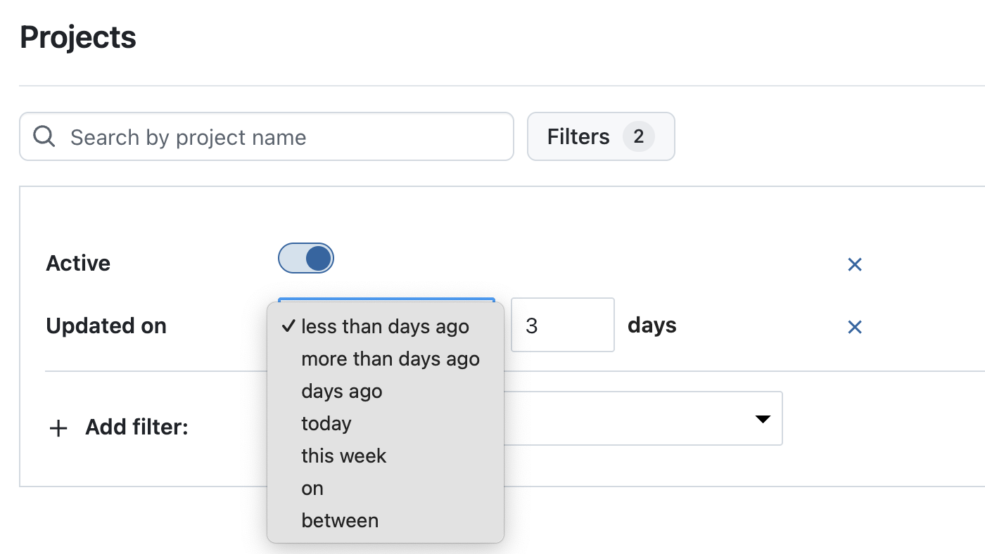 OpenProject project list, filtered for “Updated on” and selected “less than days ago” with a “3” added to the number of days.