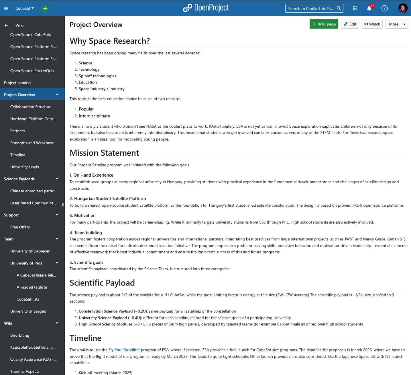 OpenProject wiki called “Project Overview: Why Space Research?”