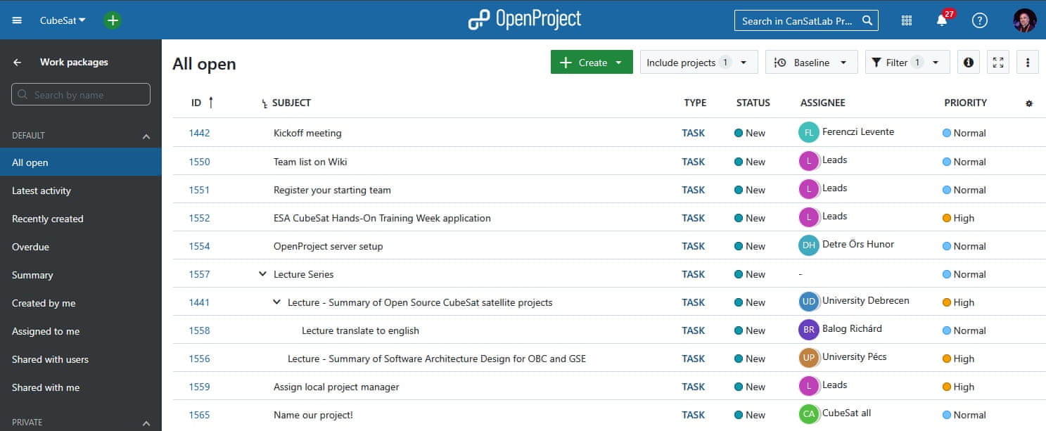 OpenProject work package table used for CanSat Lab
