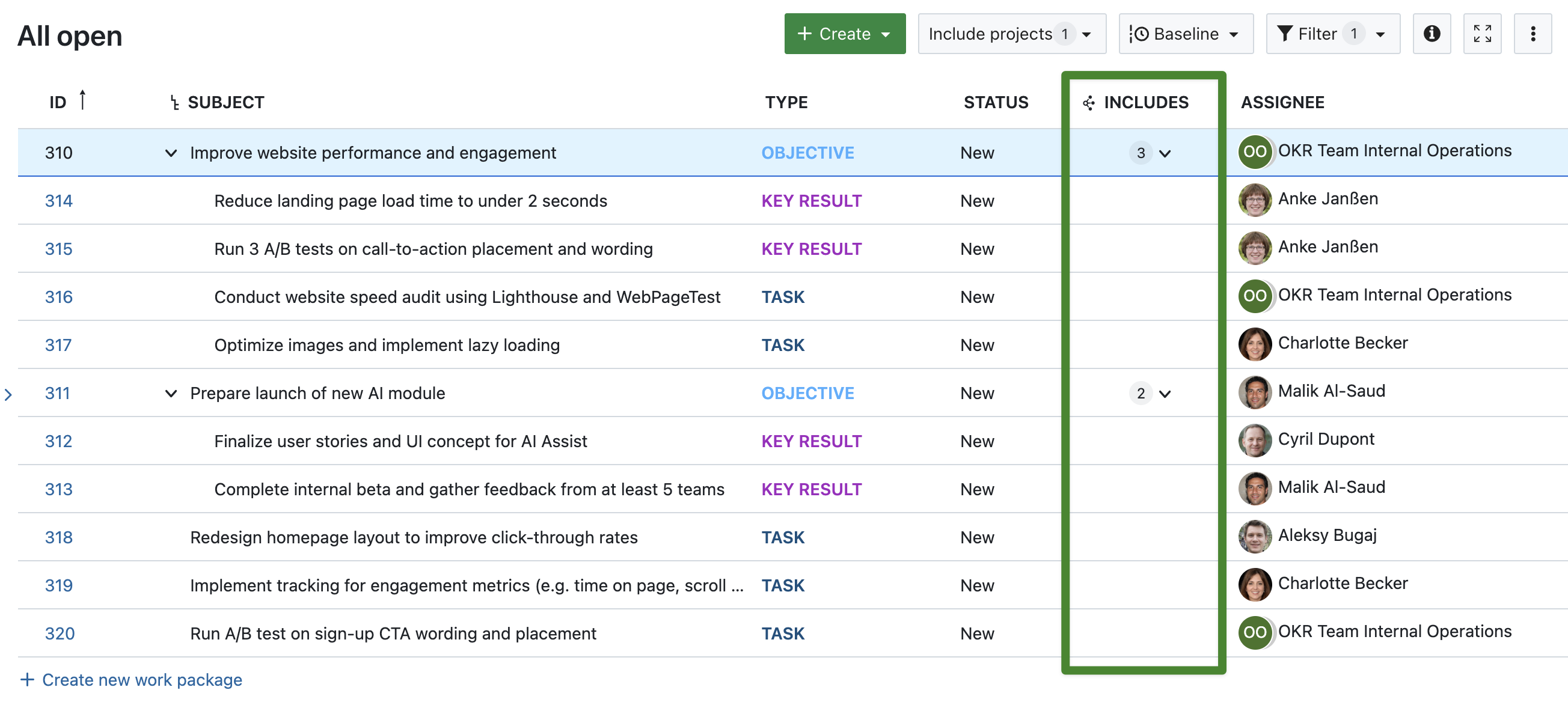 OpenProject work package table with highlighted column “Includes”