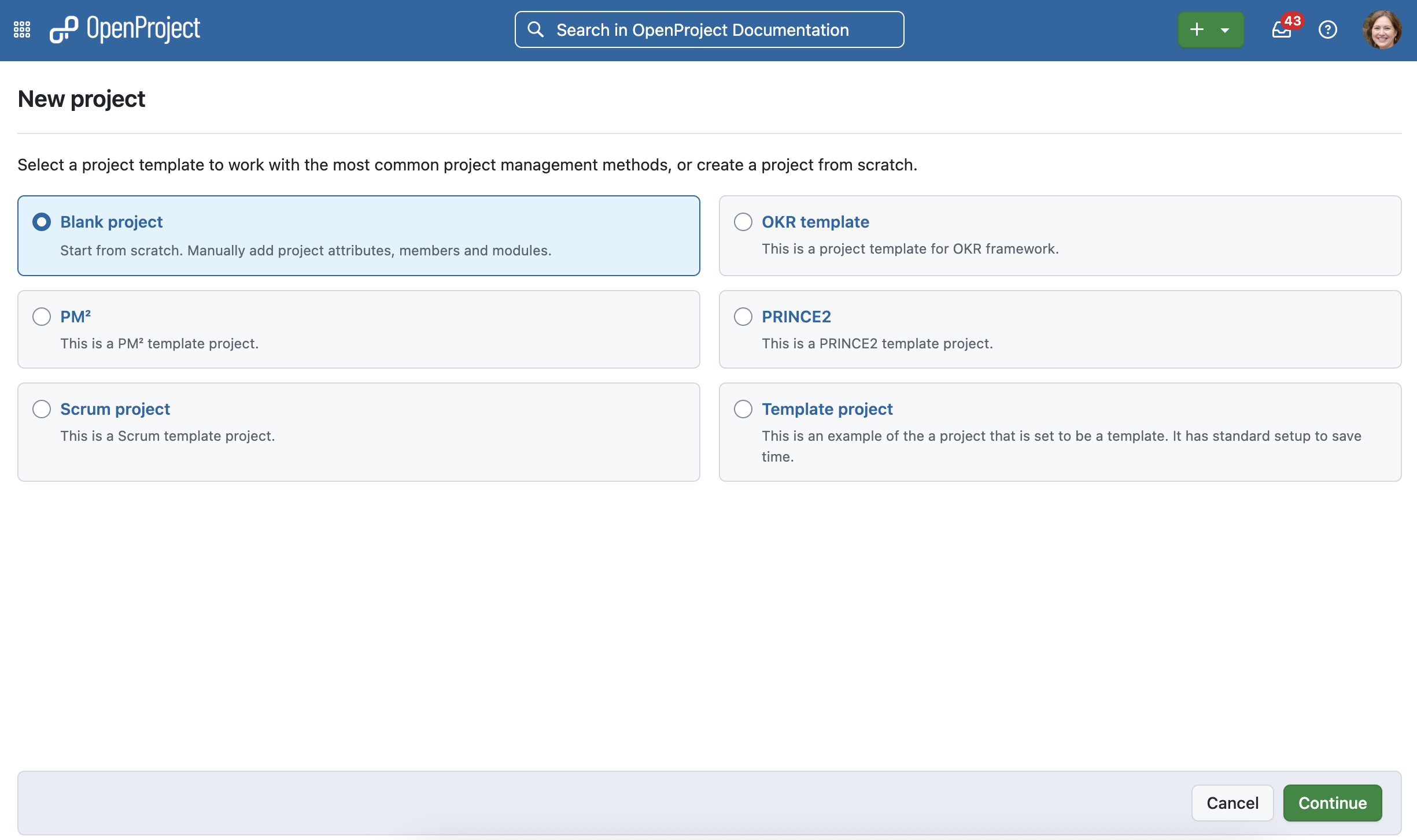 Página de selección de plantillas OpenProject