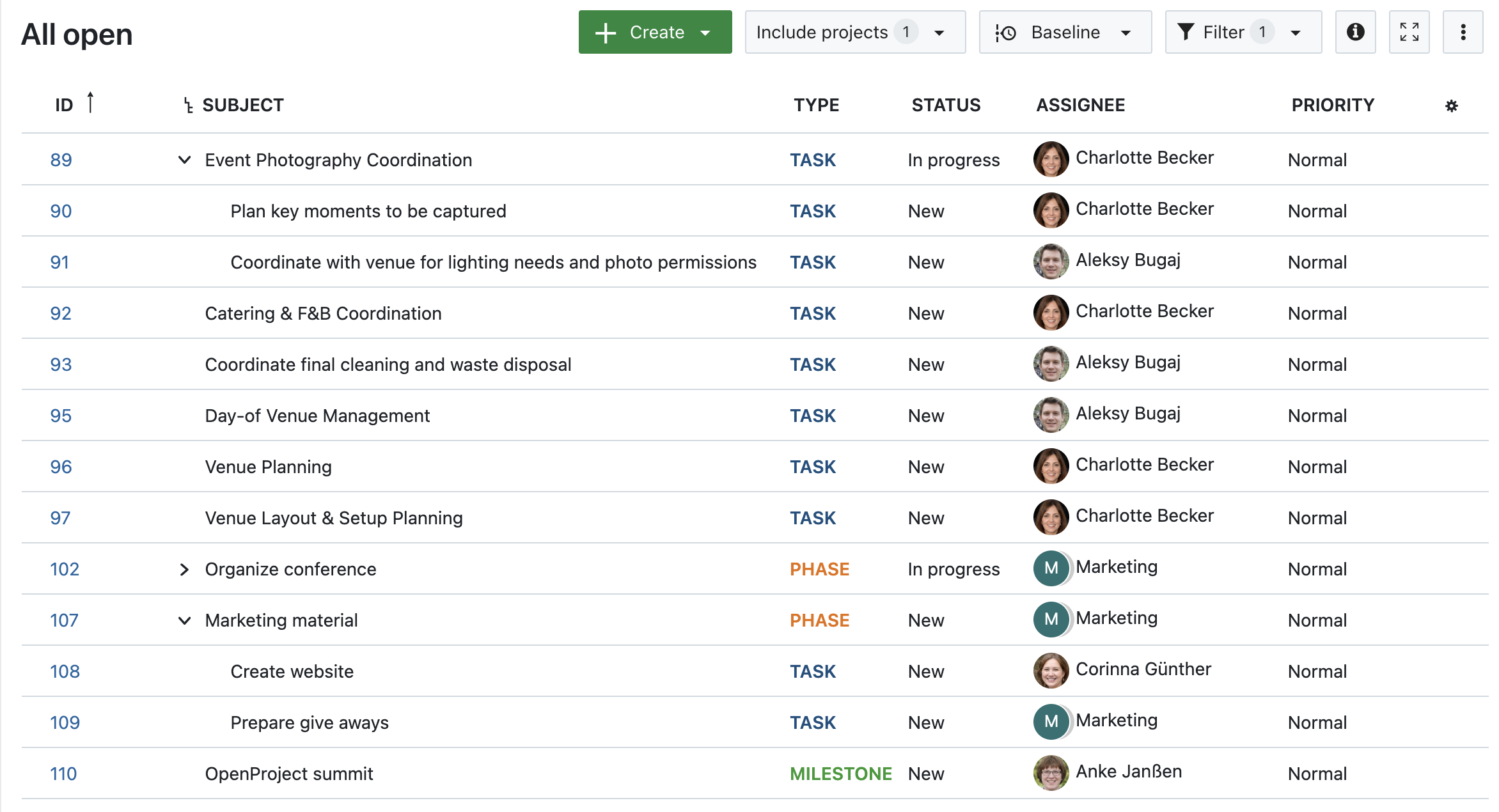 OpenProject work package table with work packages assignees status and priority