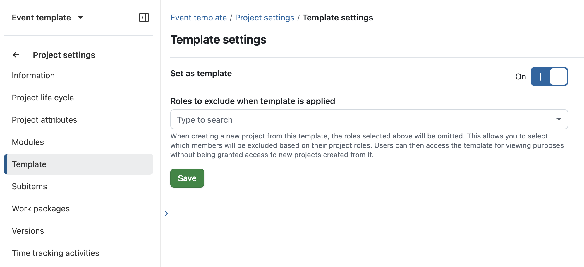 OpenProject project settings to enable as template