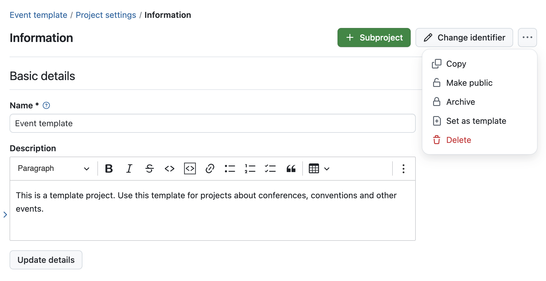 Formulario de proyecto OpenProject arriba a la derecha con menú desplegable para establecer como plantilla