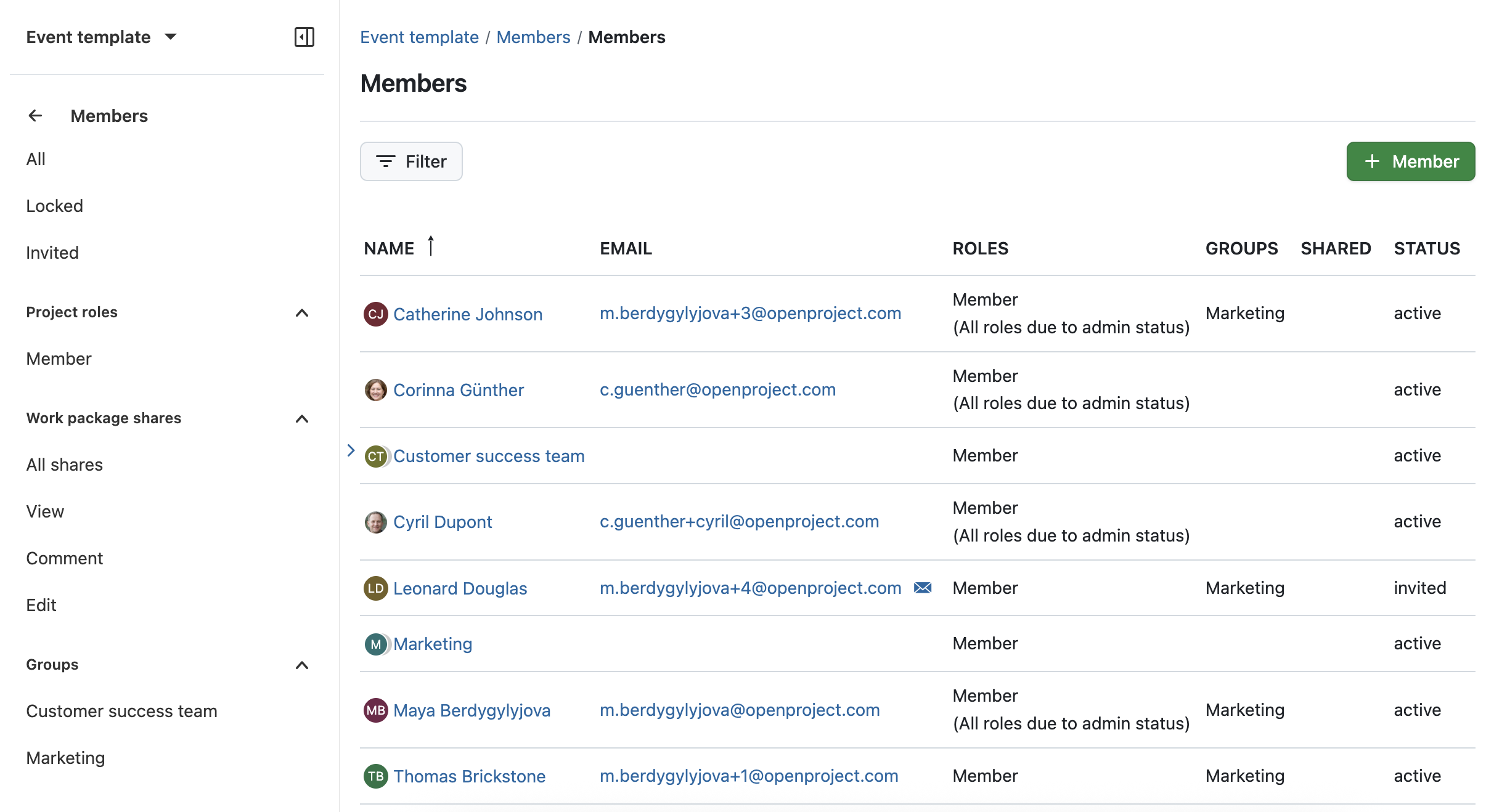 OpenProject members module shown with a few members