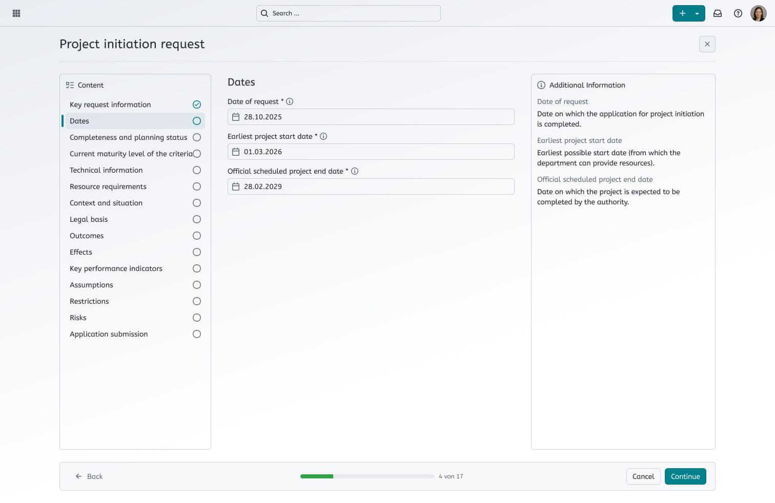 Mockup showing interface to fill out several requirements for the project initiation request, such as Dates, Technical information or legal basis