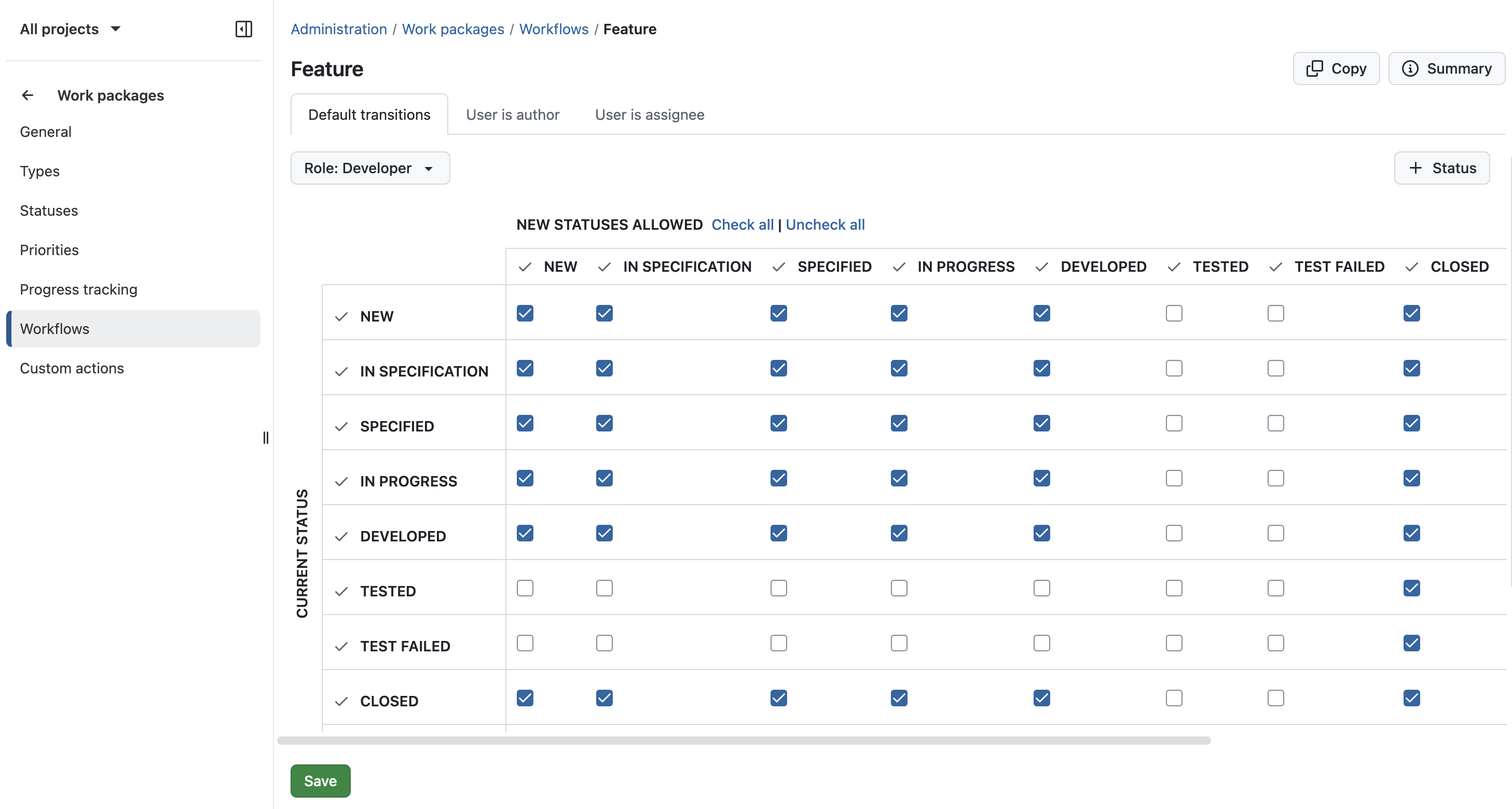 Screenshot zeigt eine Tabelle mit markierten und nicht markierten Feldern, die einen Workflow in OpenProject darstellen