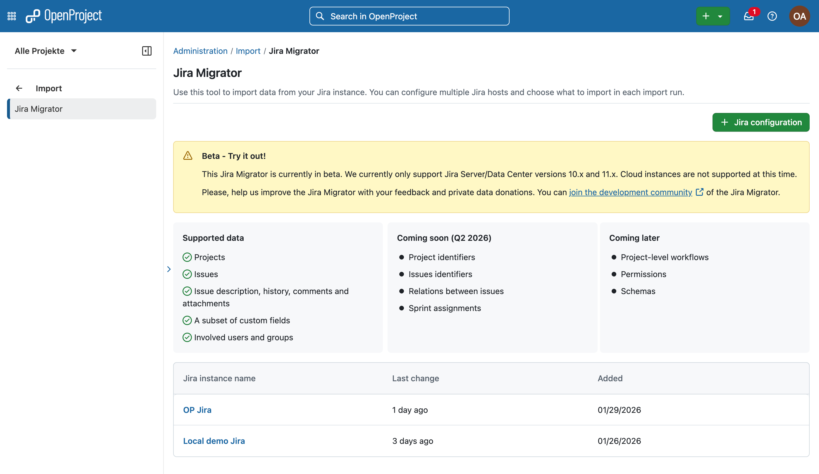 OpenProject Jira Migrator with note that it is a Beta version, listing supported data and what is coming soon or later