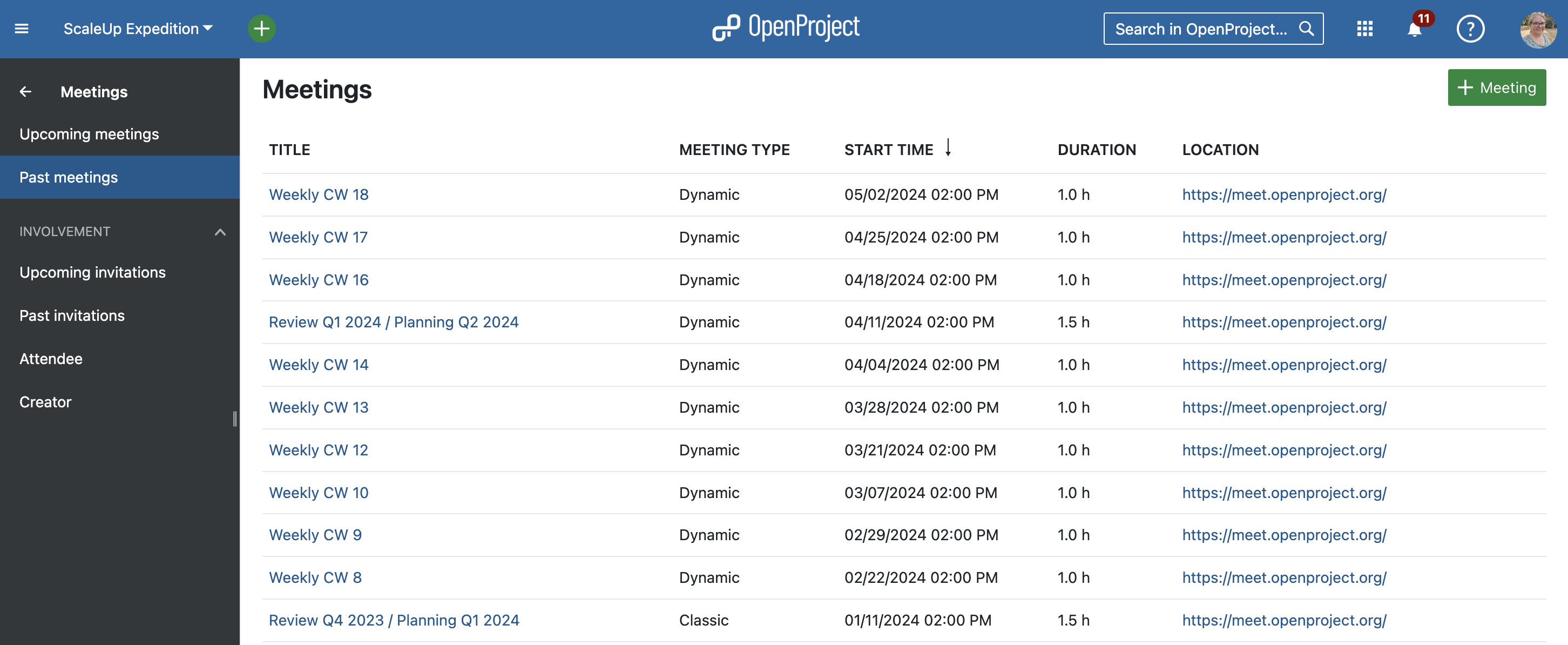 Example screenshot the OpenProject meetings history in 2024