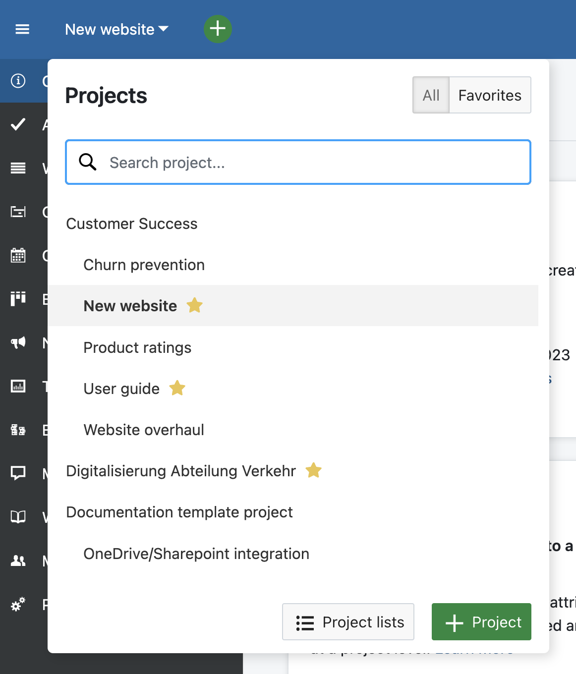 Screenshot of OpenProject 14.1: Show and change favorite projects (star) on the project dropdown menu