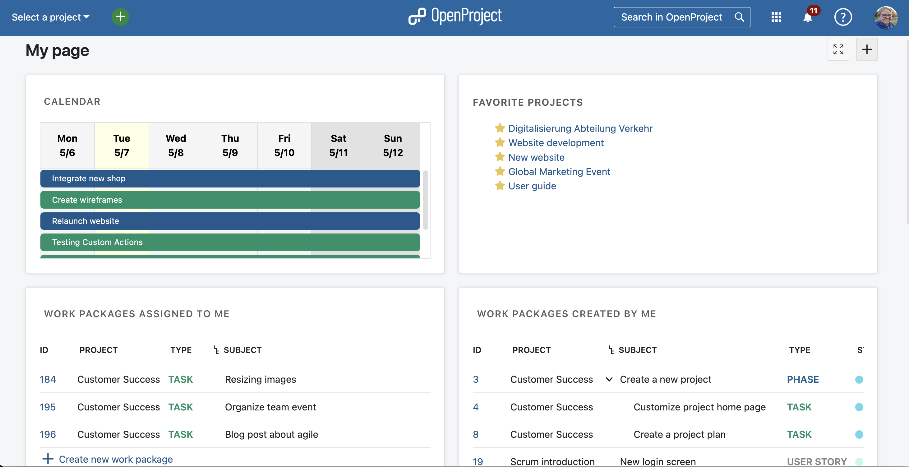 Screenshot of OpenProject 14.1: Show and change favorite projects (star) on the My page
