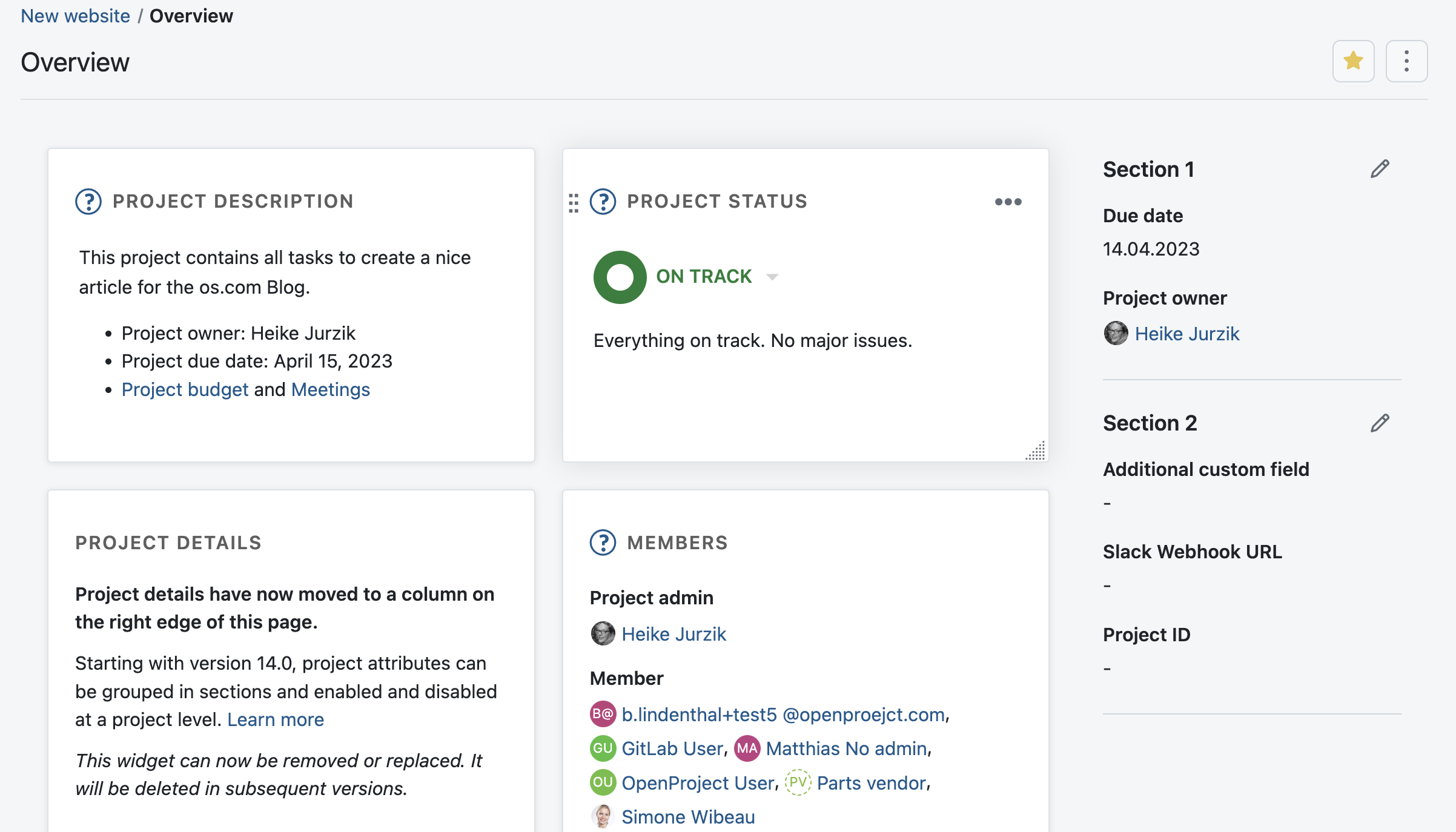 Screenshot of OpenProject 14.1: Show and change favorite (star) on the project overview page