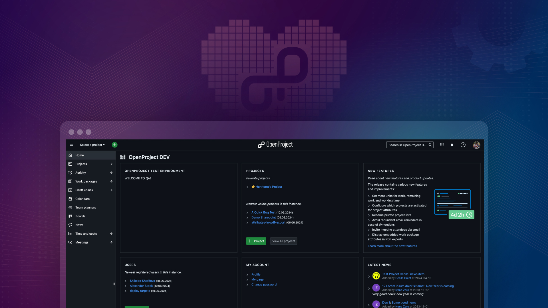 OpenProject Home page displayed in dark mode