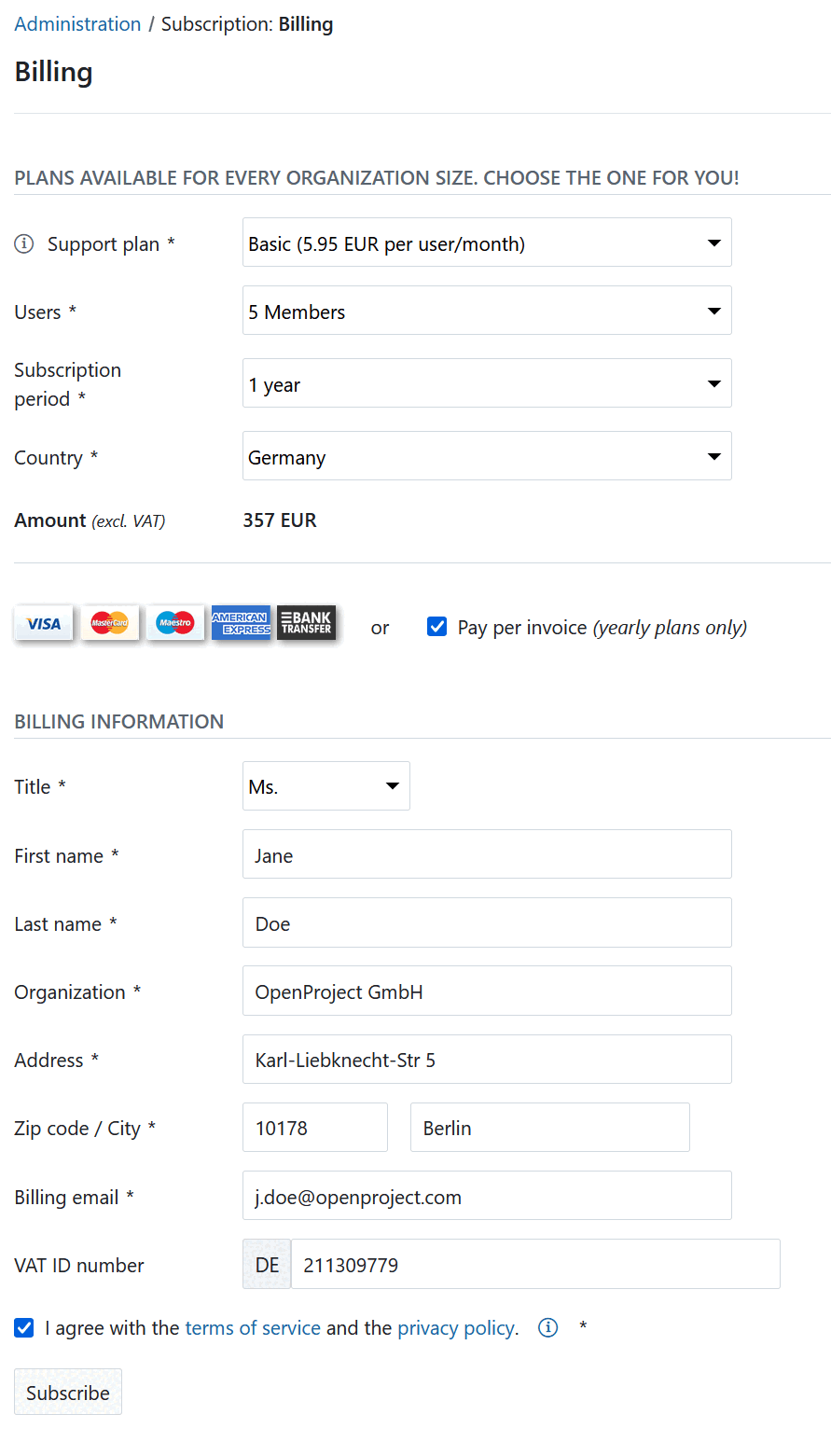 Billing form for paying per invoice in OpenProject administration