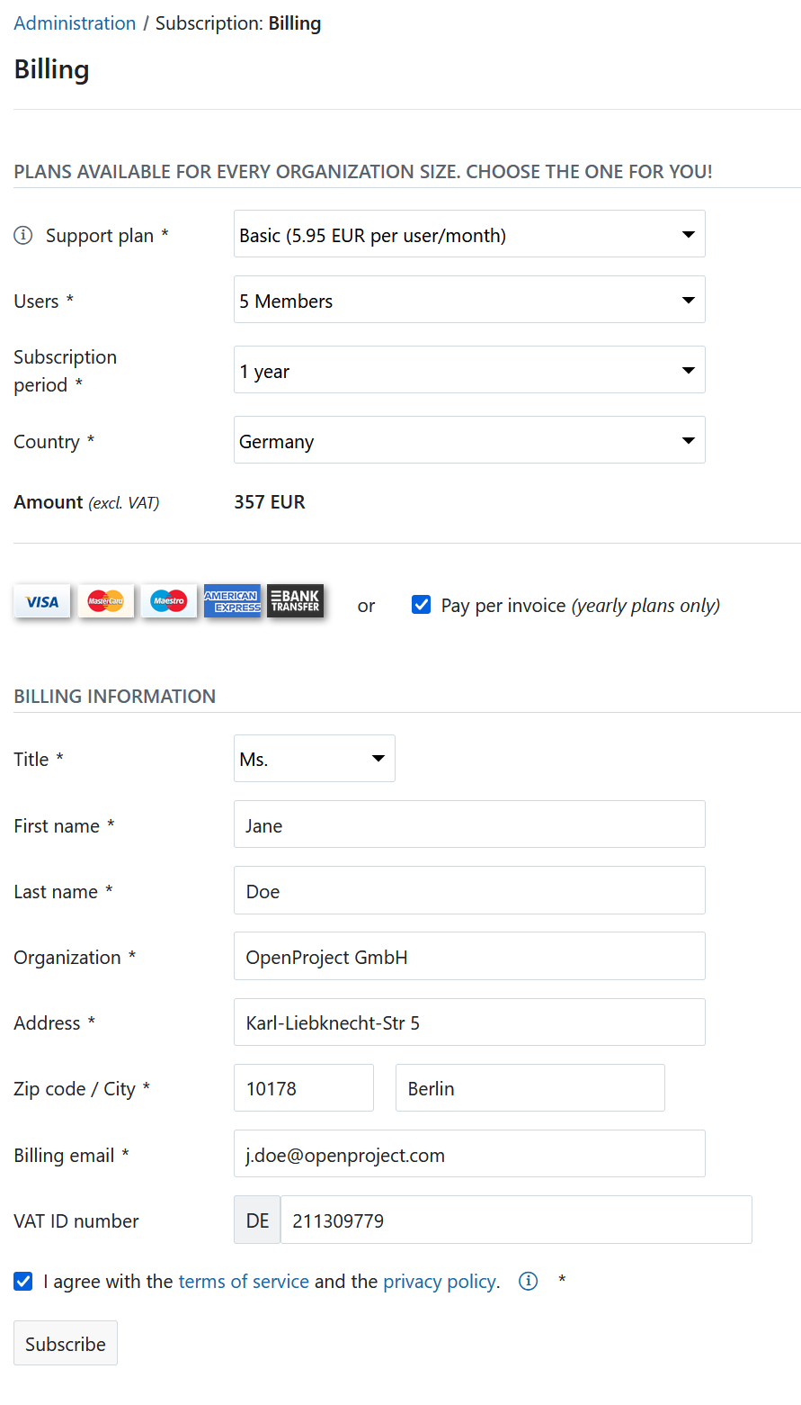 Billing form for paying per invoice in OpenProject administration