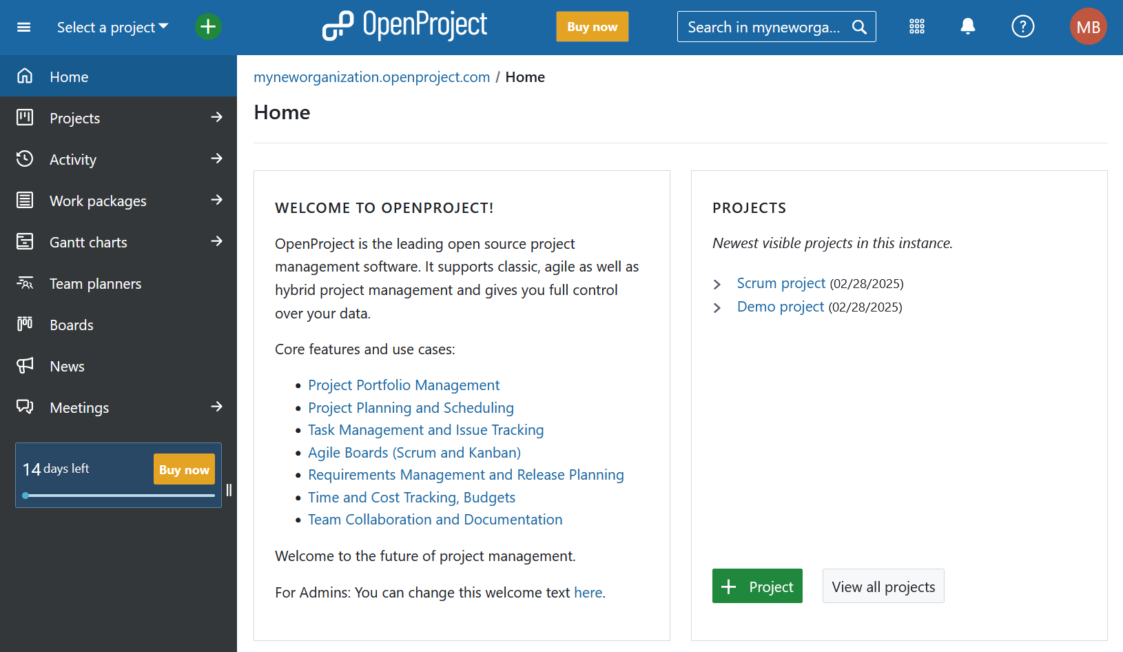 Homepage of the newly created OpenProject Enterprise cloud trial instance