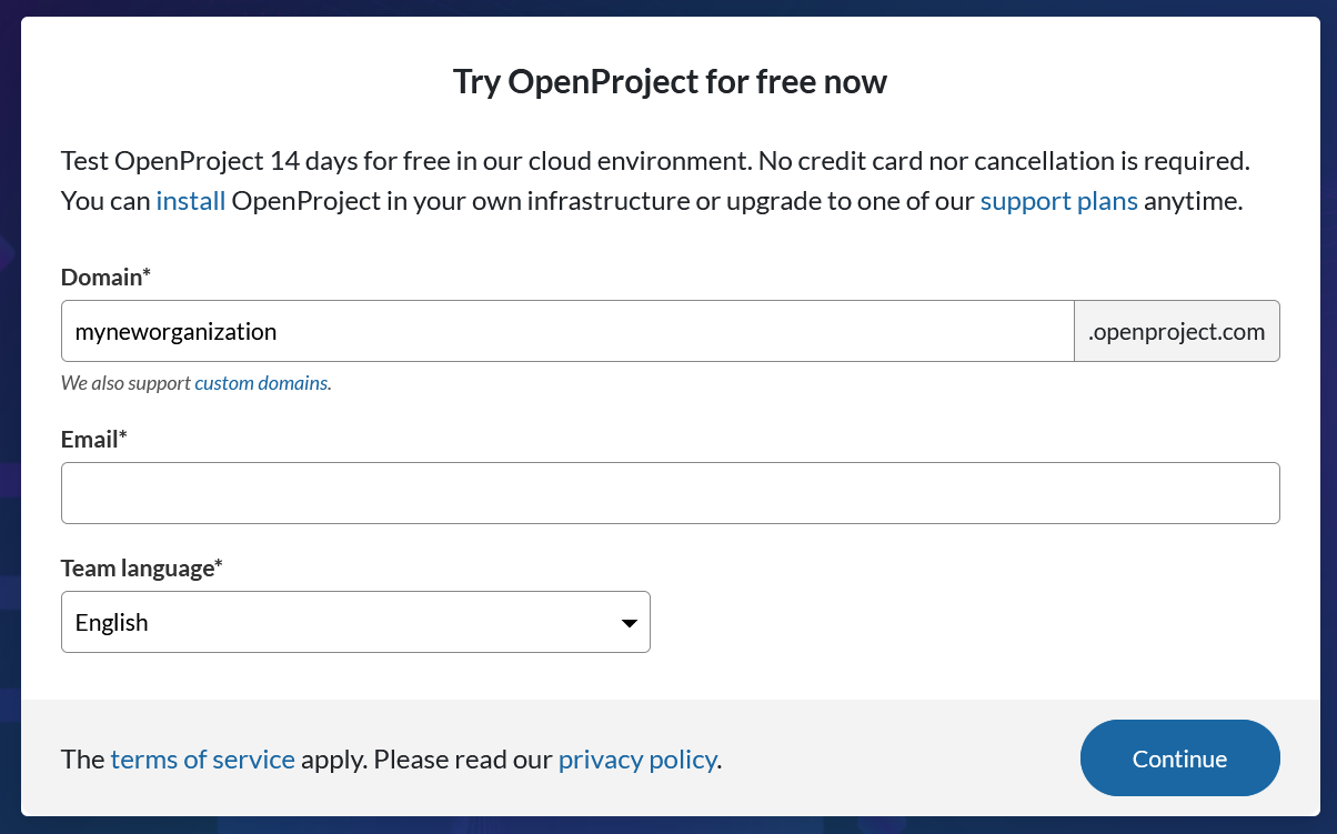 Start page to create a free Enterprise cloud trial instance with OpenProject