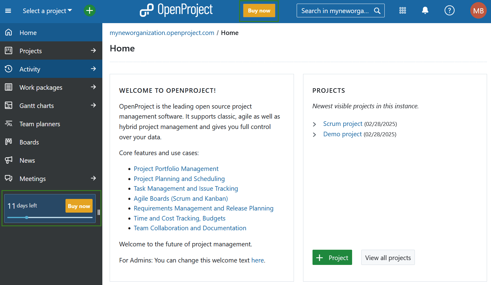 Buy now button in the application header and in the project menu in an OpenProject Enterprise cloud test instance