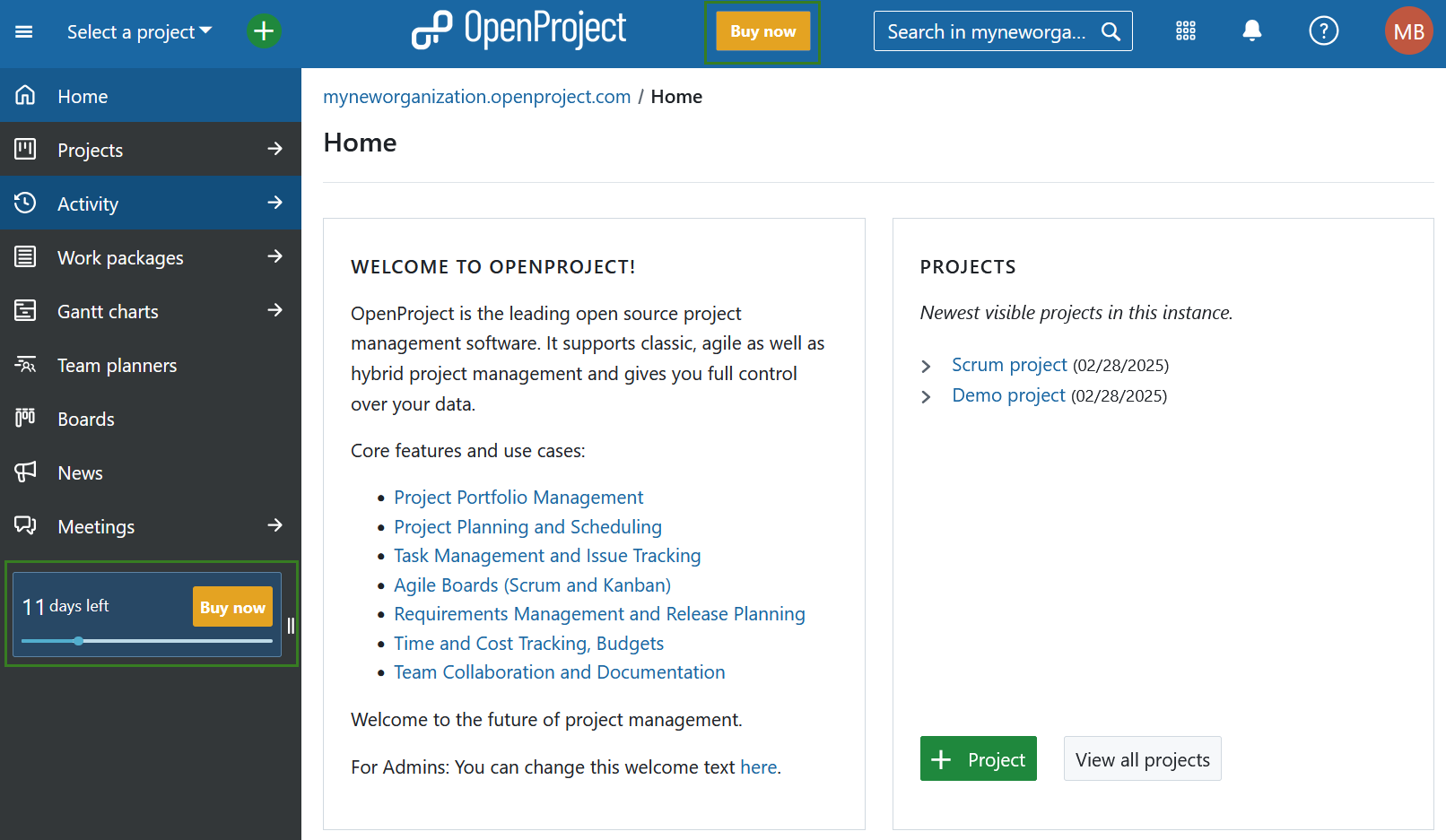 Buy now button in the application header and in the project menu in an OpenProject Enterprise cloud test instance