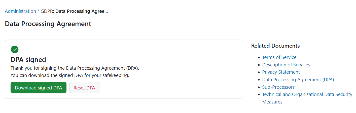 GDPR page in OpenProject administration, showing buttons to download signed DPA and to reset DPA