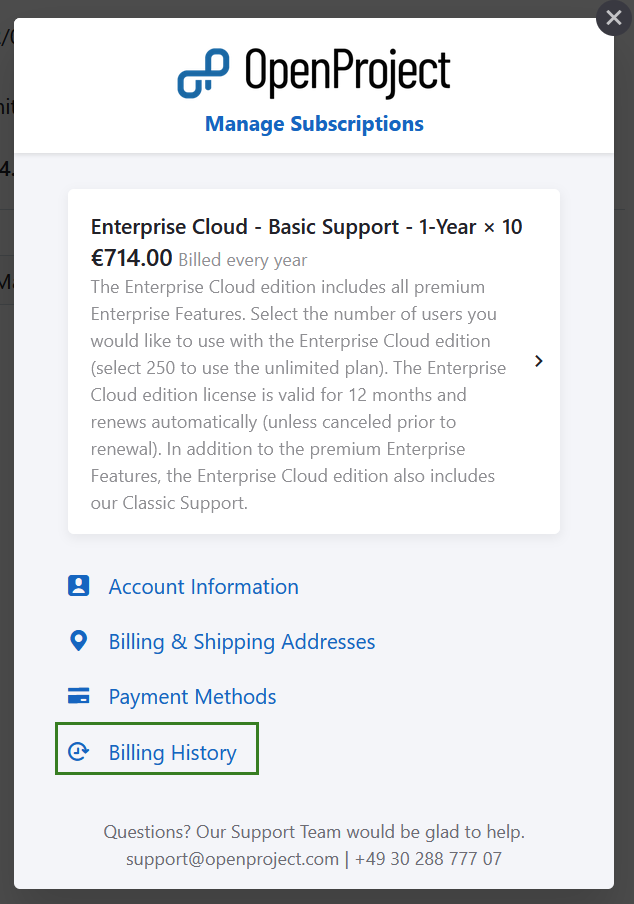 Link to access the billing history for an OpenProject Enterprise cloud instance