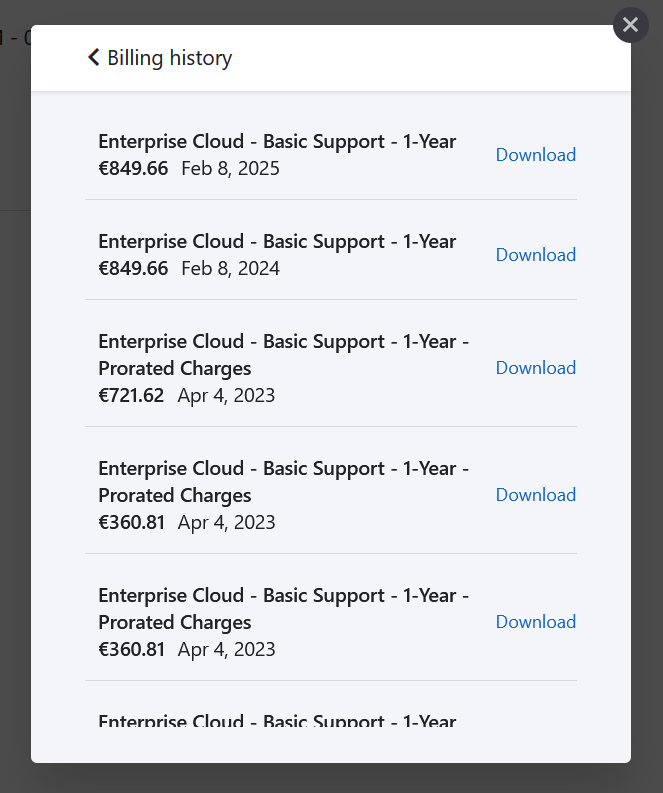 Billing history for an OpenProject Enterprise cloud instance