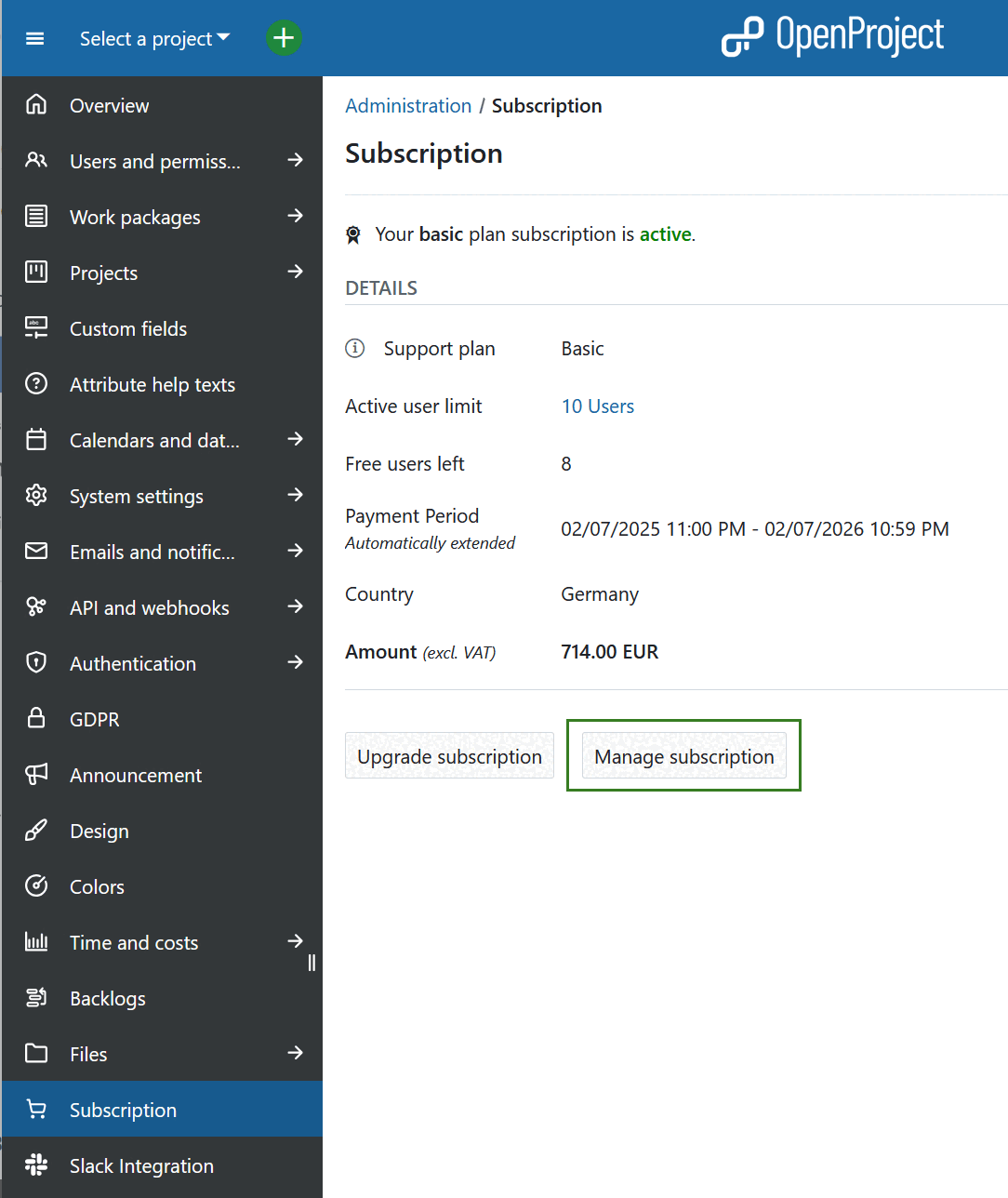 Manage cloud subscription in OpenProject administration