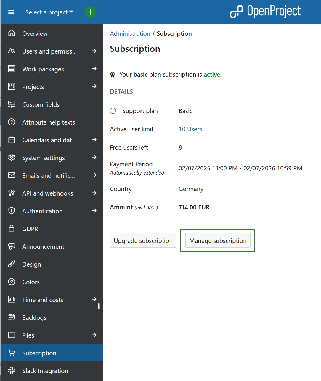 Manage cloud subscription in OpenProject adminsitration