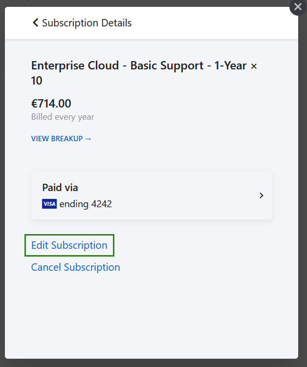 Edit subscription link in OpenProject Enterprise cloud administration