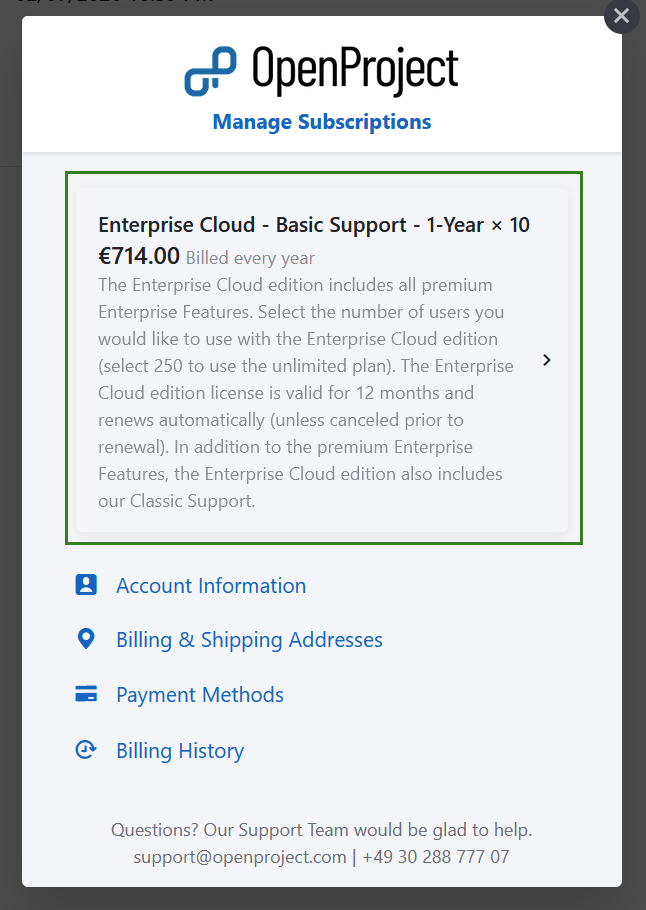 Edit Enterprise Cloud subscription in OpenProject