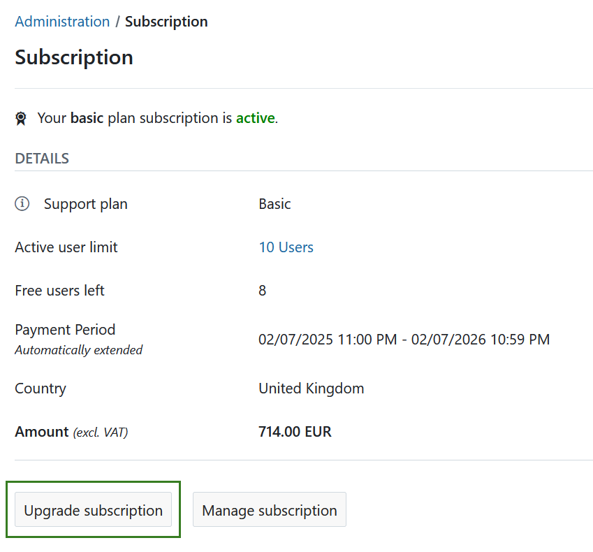 Upgrade subscription button in OpenProject adminsitration