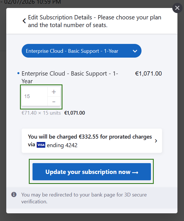 The button to update the OpenProject Enterprise cloud subscription after upgrading