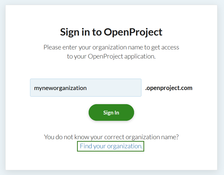 Link to find your organization on OpenProject cloud sign in page