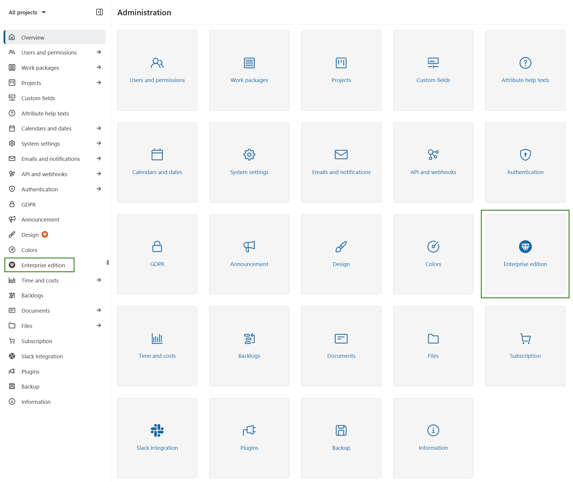 Enterprise edition menu option in OpenProject administration