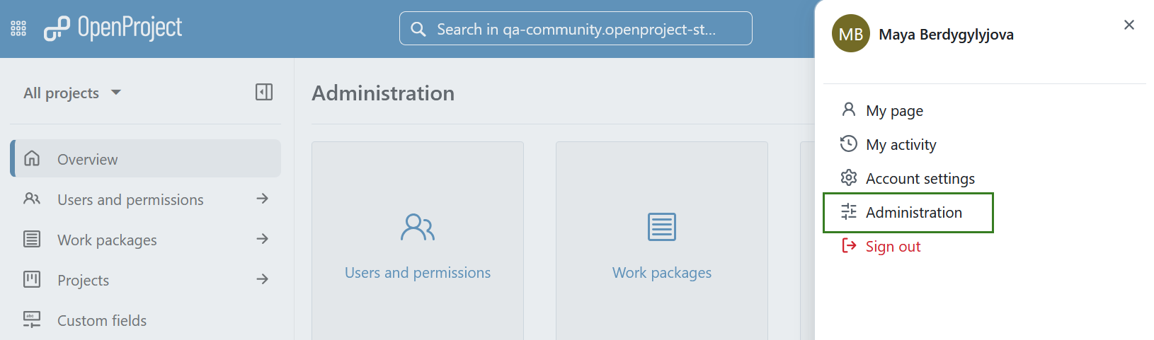 Dropdown menu behind the user avatar in the OpenProject header navigation, opened