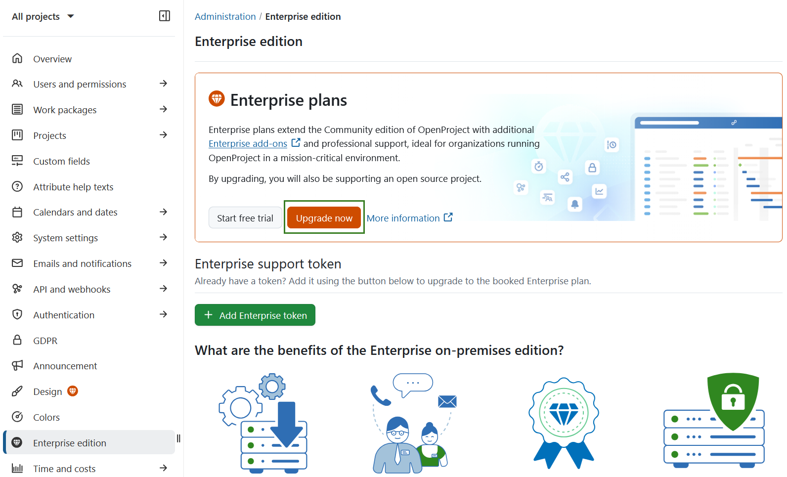 Upgrade button on the enterprise edition page in OpenProject administration