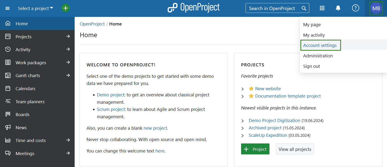 Ajustes de la cuenta en OpenProject