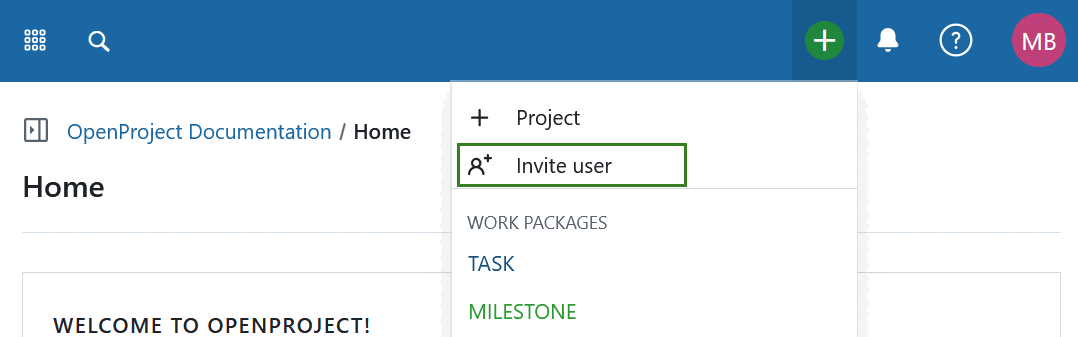 Button to invite new users in the header navigation of OpenProject