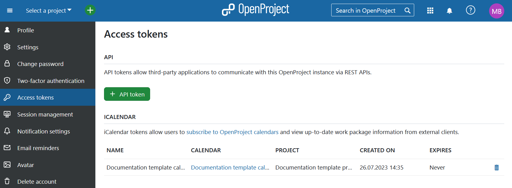 tokens de acceso de mi cuenta en OpenProject