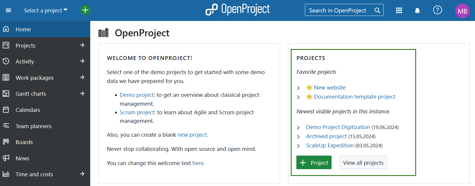 page de destination d’openproject