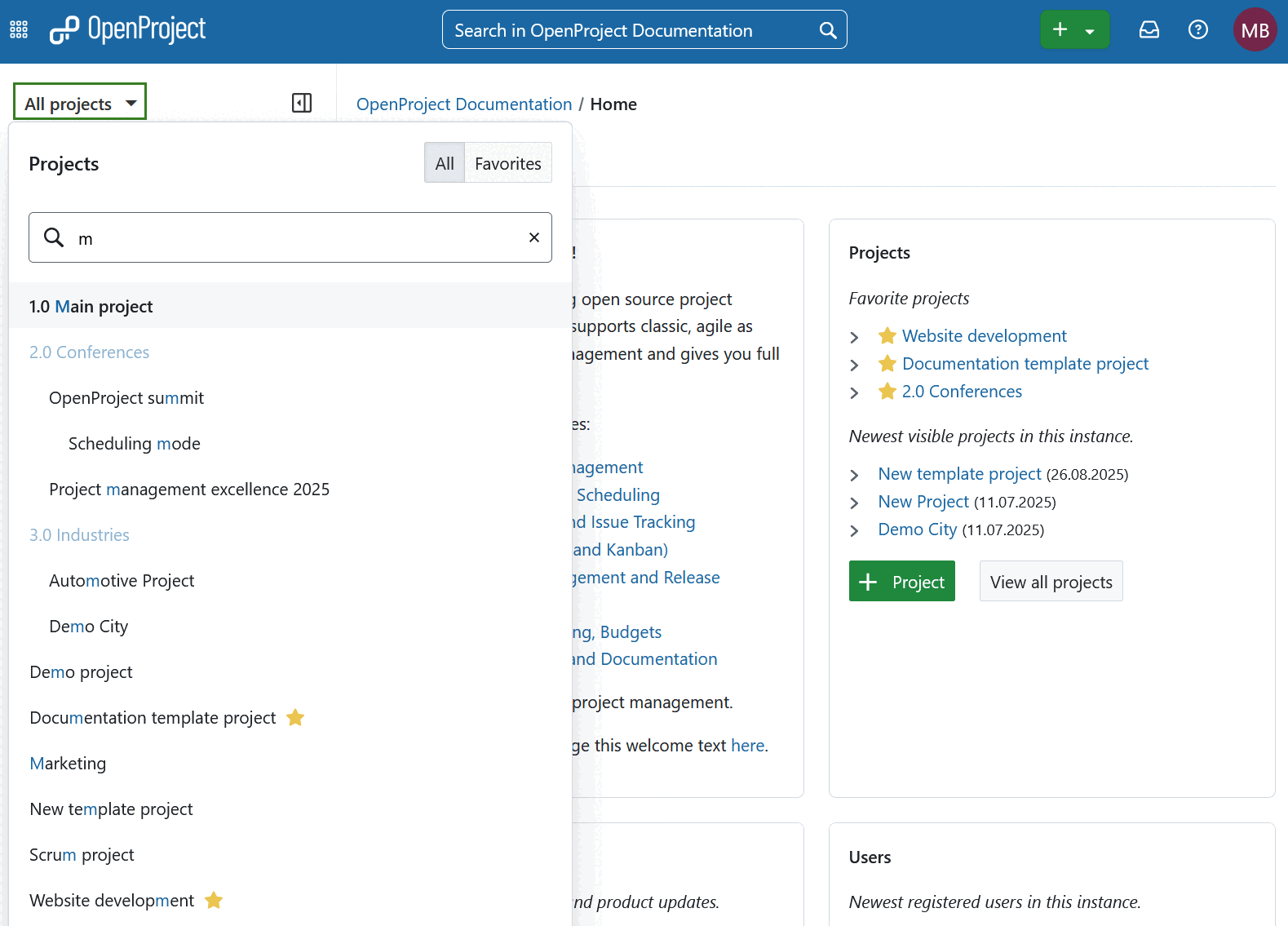 Project selection dropdown menu called “all projects” in the header navigation of OpenProject, opened and showing a list of existing projects