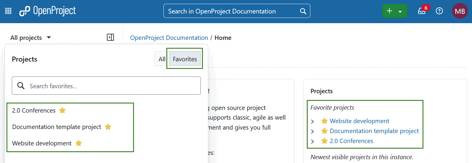 Favorite projects displayed on OpenProject overview page